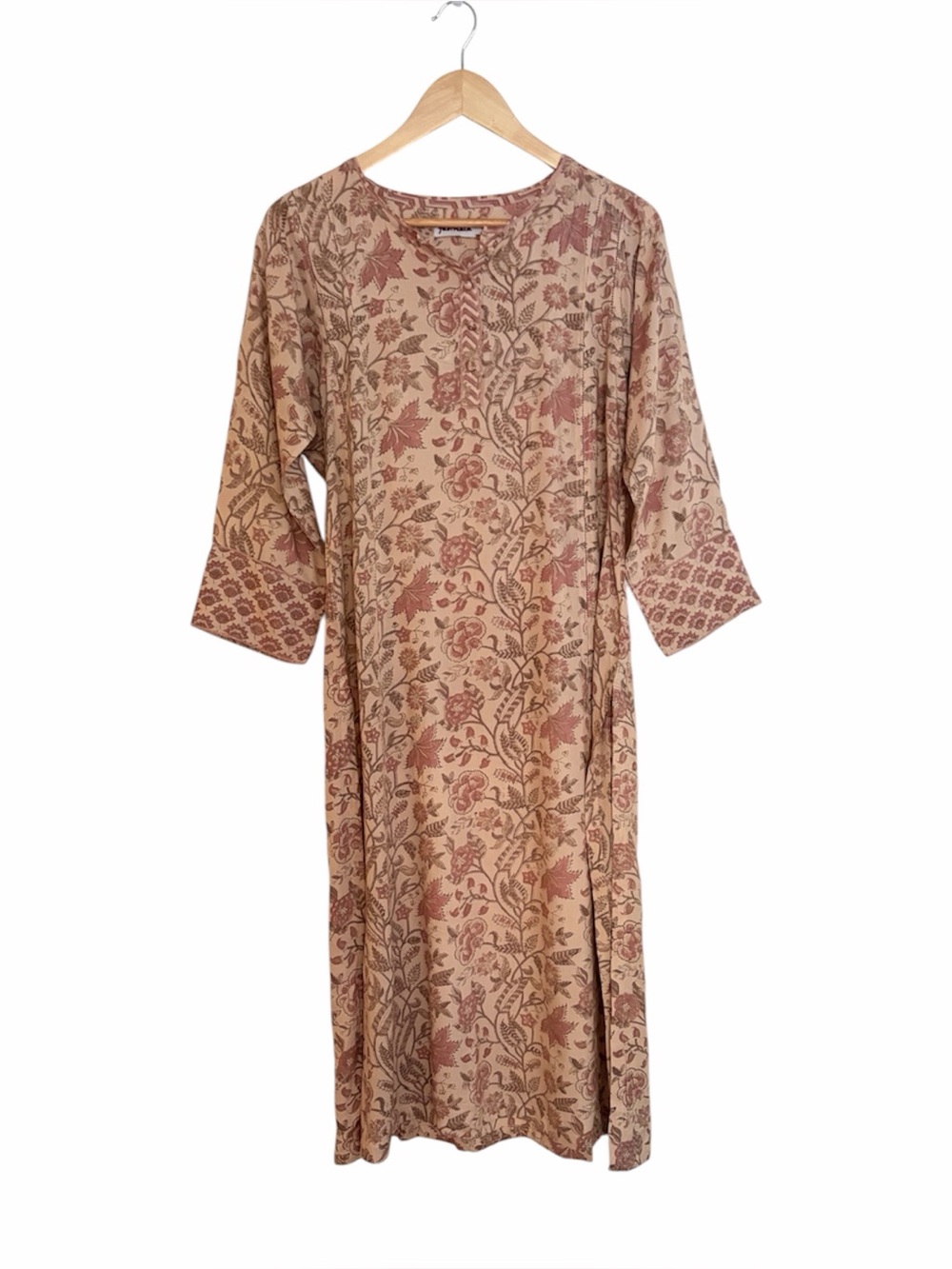 Fabindia Beige Pink Hand Block Print Floral Straight Kurta Small